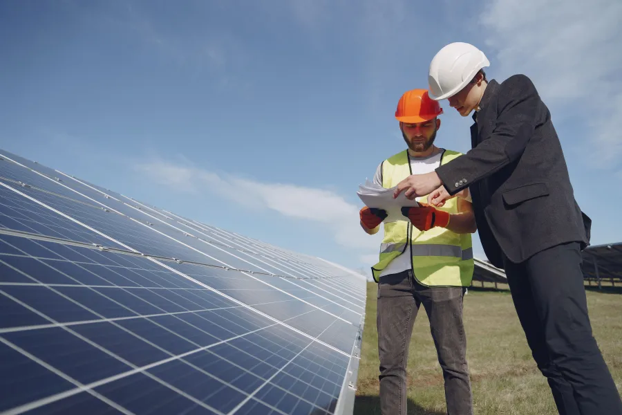 Technicien et ingénieur inspectant une centrale solaire photovoltaïque